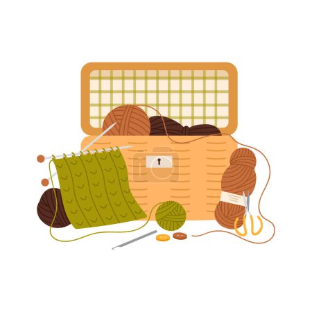 Basket with knitting materials. Wool basket, handmade hobby, handicraft instruments cartoon vector illustration