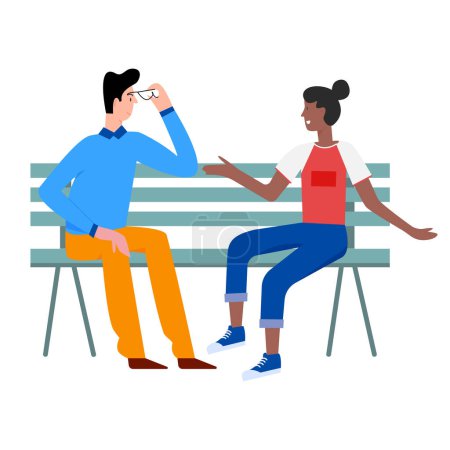 Young couple discussing on a bench. Outdoor romantic date, relaxing partners cartoon vector illustration