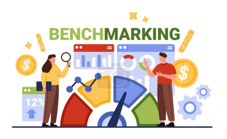Illustration for Benchmarking analysis. Tiny people compare business indicators of product, data performance report and metrics to bests, practice strategic planning for quality growth cartoon vector illustration - Royalty Free Image