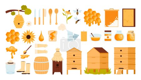 Honey products and apiary set. Beekeeping collection with honey jars and honeycomb, wooden house and hive on tree for bees, dipper stick and glass bottle, beekeepers tools cartoon vector illustration