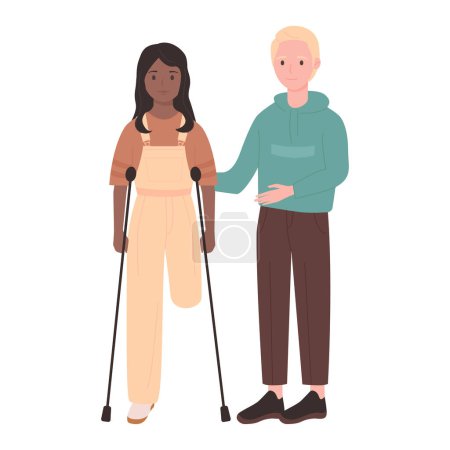 Junge Frau mit amputiertem Bein. Mädchen ohne ein Bein, behinderte Menschen Cartoon Vektor Illustration