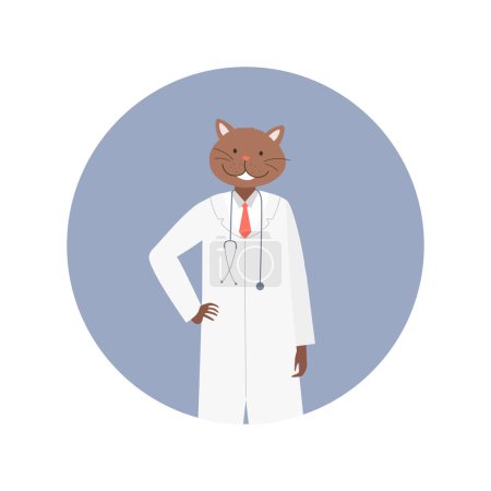 Téléchargez les illustrations : Portrait de chat médecin souriant. Travailleur chat hôpital en manteau blanc illustration vectorielle de dessin animé - en licence libre de droit