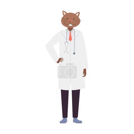 Illustration for Standing doctor cat with hand on hips. Hospital cat worker in white coat cartoon vector illustration - Royalty Free Image