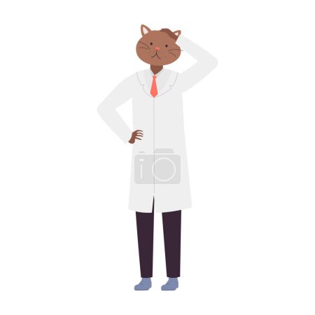 Illustration for Doctor cat in thinking position. Confused doctor cat in white coat cartoon vector illustration - Royalty Free Image
