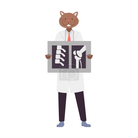 Téléchargez les illustrations : Docteur chat debout avec photo de rayons X. Travailleur chat hôpital en manteau blanc illustration vectorielle de dessin animé - en licence libre de droit