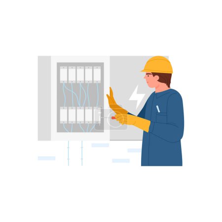 Illustration for Electrician checking electricity. Electrician repair service, industrial worker flat vector illustration - Royalty Free Image