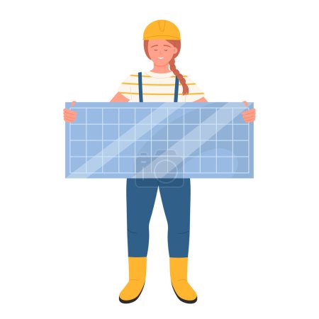 Electrician woman with solar panel. Electrician repair service, industrial worker flat vector illustration