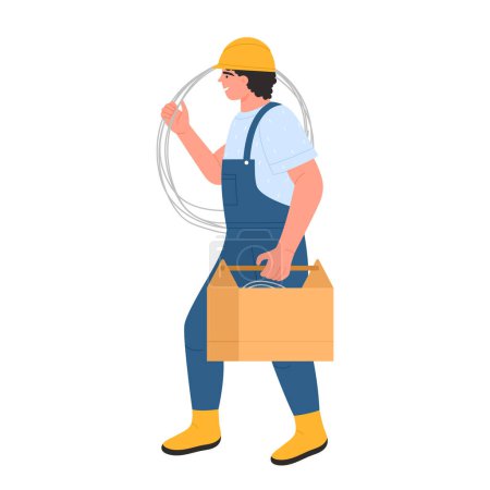 Illustration for Electrician worker with working tools. Electrician repair service, industrial worker flat vector illustration - Royalty Free Image