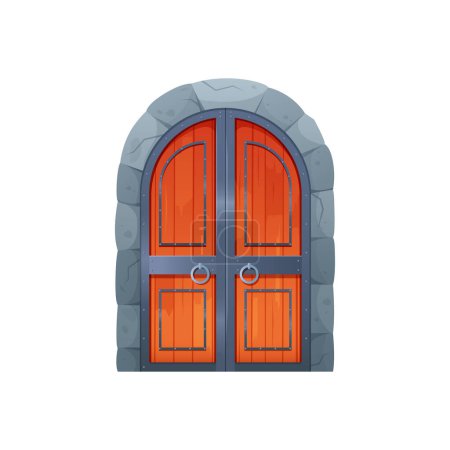 Closed gate to the castle. Medieval wooden gate, old city entrance cartoon vector illustration