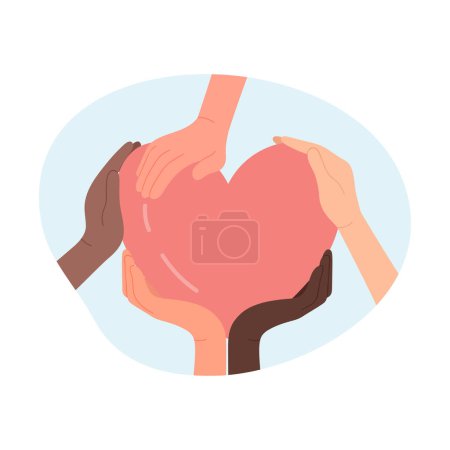 Multicultural hands touching one heart. Sharing love and care, nation tolerance cartoon vector illustration