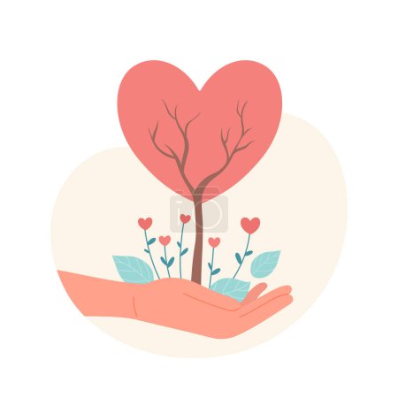 Main avec arbre en forme de coeur. Protection de la nature et soins, illustration vectorielle de dessin animé communautaire écologique