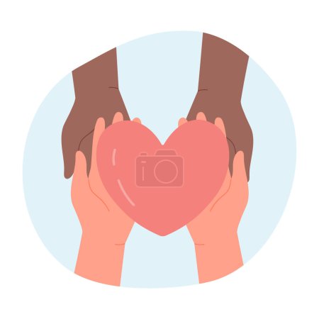 Different skin color hands with heart. Sharing love and care, charity and support cartoon vector illustration