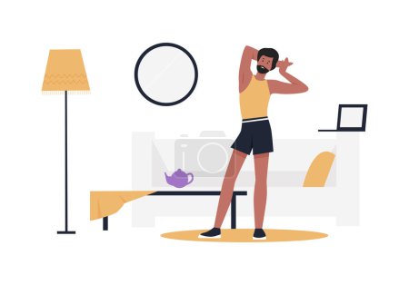 Illustration for Young boy stretching exercise. Home sport, fitness exercising, healthy lifestyle flat vector illustration - Royalty Free Image