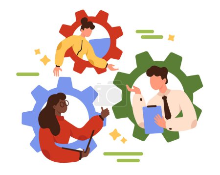 Strong dedicated team, effective cooperation and teamwork of employees. Tiny people work inside gears together, collaboration of characters building success enterprise cartoon vector illustration