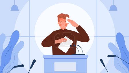 Illustration for Nervous man feeling fear and anxiety before stage speech, glossophobia disorder. Male speaker standing at podium and speaking into microphone with drops of sweat on face cartoon vector illustration - Royalty Free Image