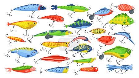 Fishing bait set. Artificial fish lure in different colors, angling accessory collection, fishermans equipment with hook needles to catch trout on fishing pole without worm cartoon vector illustration