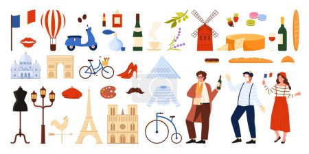 Travel to France, culture elements, food and French symbols set. Cute bicycle and balloon, Frenchman and mime, landmarks of Paris city for romantic tour and tourism cartoon vector illustration