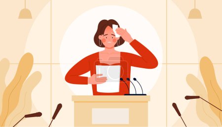 Illustration for Speaker feeling anxiety, panic and fear when speaking in front of audience. Nervous female speaker standing at podium for public presentation, confused woman at rostrum cartoon vector illustration - Royalty Free Image