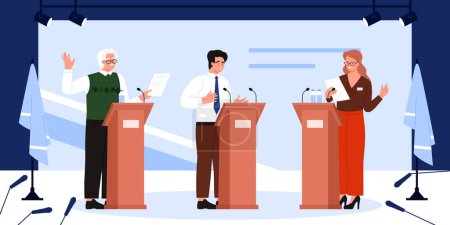 Political debates of leaders on podiums, election campaign and politics. Female and male politicians standing at rostrums with microphones, speakers meeting for discussion cartoon vector illustration
