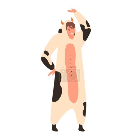 Young man in carnival costume of cow with horns, boy in kingurumi dancing at pajama party vector illustration