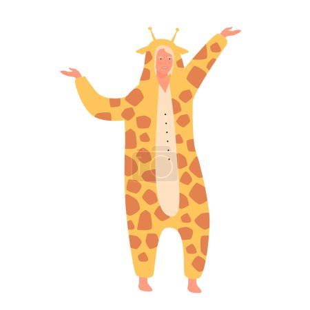 Adult cute person in giraffe costume dancing on sleepover or carnival party vector illustration