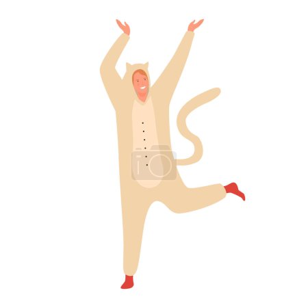 Cute happy character in cat costume jumping, dancing at pajama party vector illustration