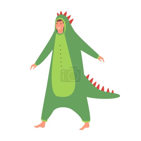 Young man in cute green dinosaur costume with tail, boy in kingurumi at pajama party vector illustration