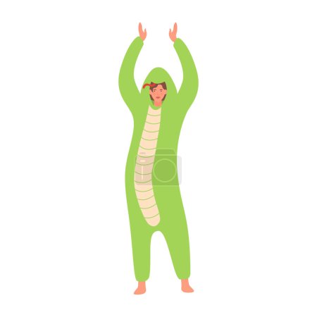 Funny girl in snake onesie costume on pajama party or sleepover vector illustration