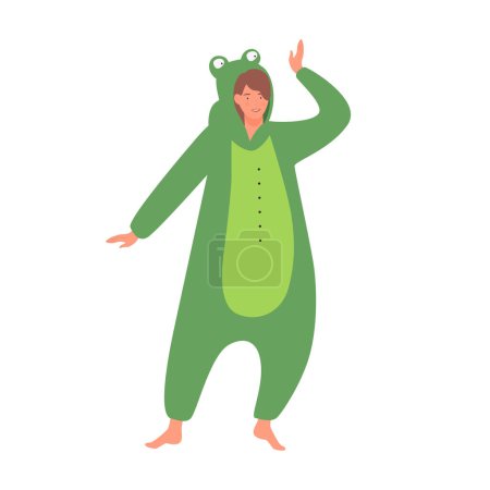 Cute happy girl in frog kigurumi costume on pajama party or sleepover vector illustration