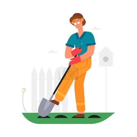 Téléchargez les illustrations : Homme tenant une pelle pour creuser le sol dans le jardin, travailleur agricole illustration vectorielle de jardinage - en licence libre de droit