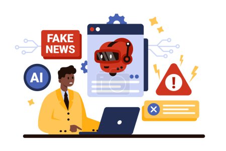 Deep fake, stop AI technology for social media, television news. Tiny man with warning messages, signs about lies of artificial intelligence, robot face on software window cartoon vector illustration