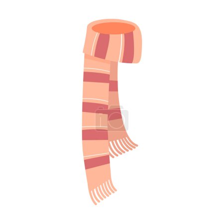 Knitted pink wool scarf with red stripes and fringes, warm accessory vector illustration