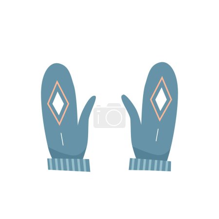 Knitted blue mittens with diamond white pattern, woolen handwear vector illustration