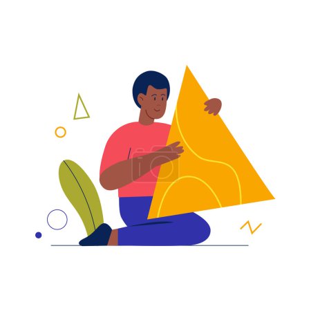 Hombre sentado con triángulo simple amarillo en las manos, pequeño personaje masculino con forma geométrica abstracta vector ilustración