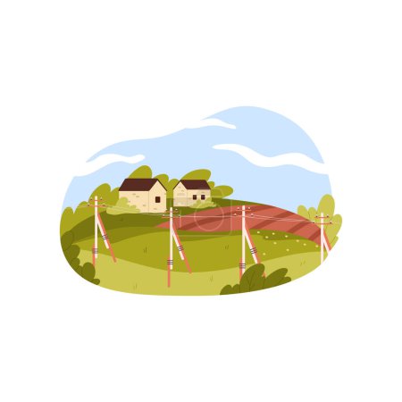 Ilustración de Paisaje verde rural de verano con casas de agricultores en colinas, postes de energía en campos ilustración vectorial - Imagen libre de derechos