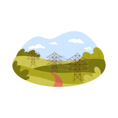 Ilustración de Paisaje verde rural de verano con infraestructura de línea eléctrica, ilustración de vectores de vista aérea - Imagen libre de derechos
