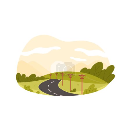 Ilustración de Paisaje rural, carretera con postes de telégrafo e ilustración vectorial de líneas eléctricas - Imagen libre de derechos