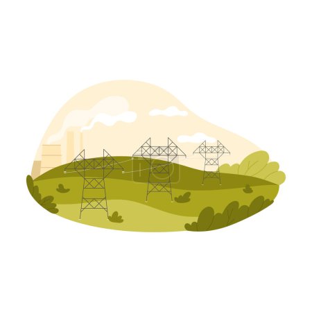 Ilustración de Paisaje rural de verano con líneas eléctricas de alta tensión y torres de transmisión a través de campos ilustración vectorial - Imagen libre de derechos