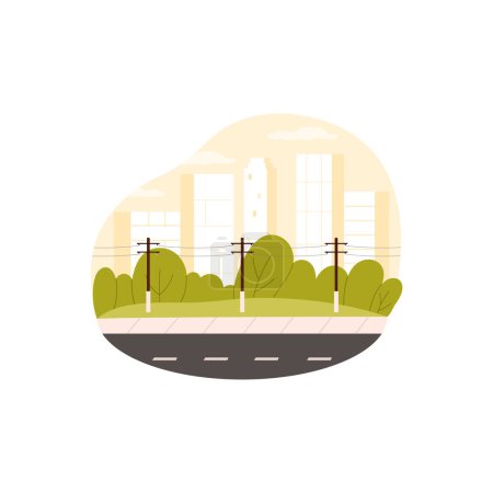 Ilustración de Puestos urbanos de carreteras con cables para la transmisión y distribución de energía eléctrica, rascacielos en el horizonte ilustración vectorial - Imagen libre de derechos