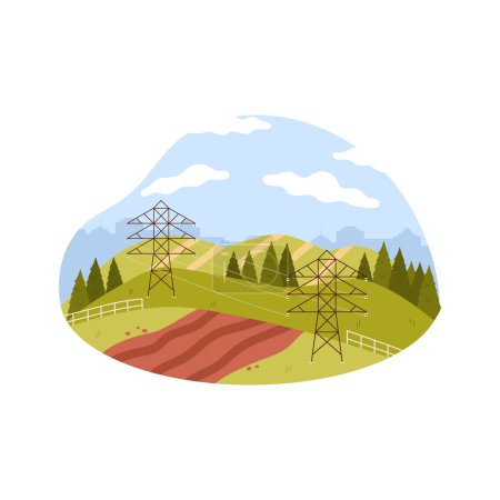 Ilustración de Paisaje verde rural de verano con líneas eléctricas, ilustración de vectores de tierra cultivable marrón - Imagen libre de derechos