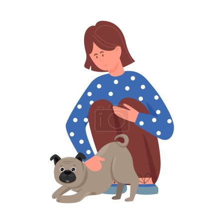 Fille caressant chien avec amour, compagnon de carlin heureux jouant avec l'illustration vectorielle femme