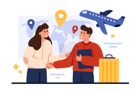 Illustration for Employment contract with foreign company, consultancy in hiring migrants, brain drain. Handshake of tiny man with suitcase and woman near world map with relocation pins cartoon vector illustration - Royalty Free Image