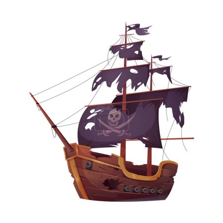 Pirate broken ship with holes on black torn sails, cracks in wooden deck after battle vector illustration