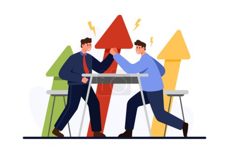 Business competition for leadership and career success. Arm wrestling match and office conflict between two employees at table, up arrows and fight between two people cartoon vector illustration