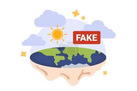 Flat Earth conspiracy theory, fake pseudoscience and disinformation about universe. Funny round land disc with oceans and continents on map under bubble of atmosphere cartoon vector illustration