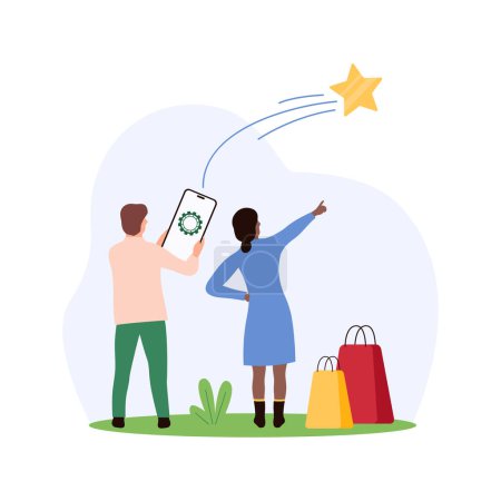 Illustration for Customer review, user feedback and assessment. Tiny people with shopping bags launch gold star for favorable product from mobile phone screen, rate experience in survey cartoon vector illustration - Royalty Free Image