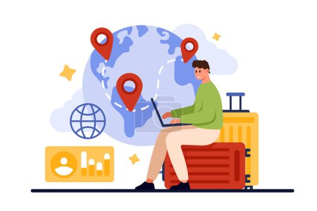 Work and career abroad, global recruitment and distribution program. Tiny man working at laptop, sitting on suitcases near globe with relocation pins on international map cartoon vector illustration