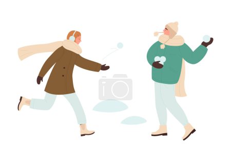 People play snowballs, winter leisure of characters in warm clothes vector illustration