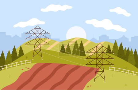 Rural cute landscape with plowed field on hill, power poles vector illustration