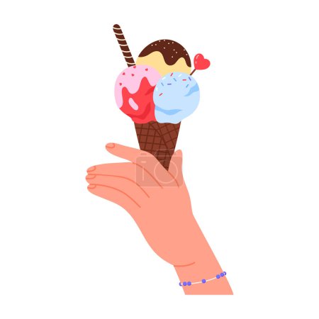 Hand holding chocolate waffle cone with soft ice cream balls of different colors vector illustration